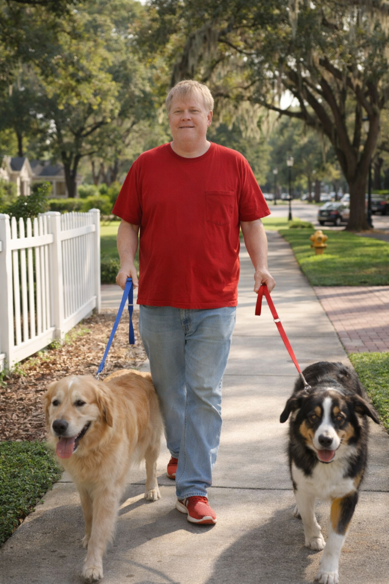 byrne in red walking 2dogs